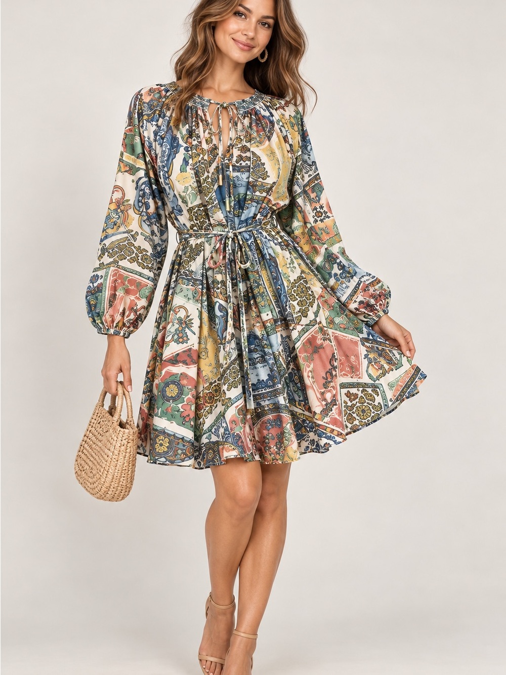 Beulah Style QC9247 Scarf Print Oversized Belted Mini Dress M NWT